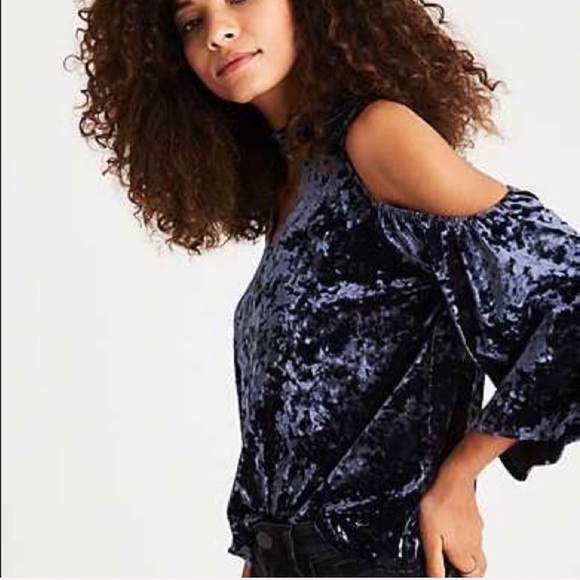 American Eagle Outfitters Tops - American Eagle Blue Velvet Cold shoulder Top S